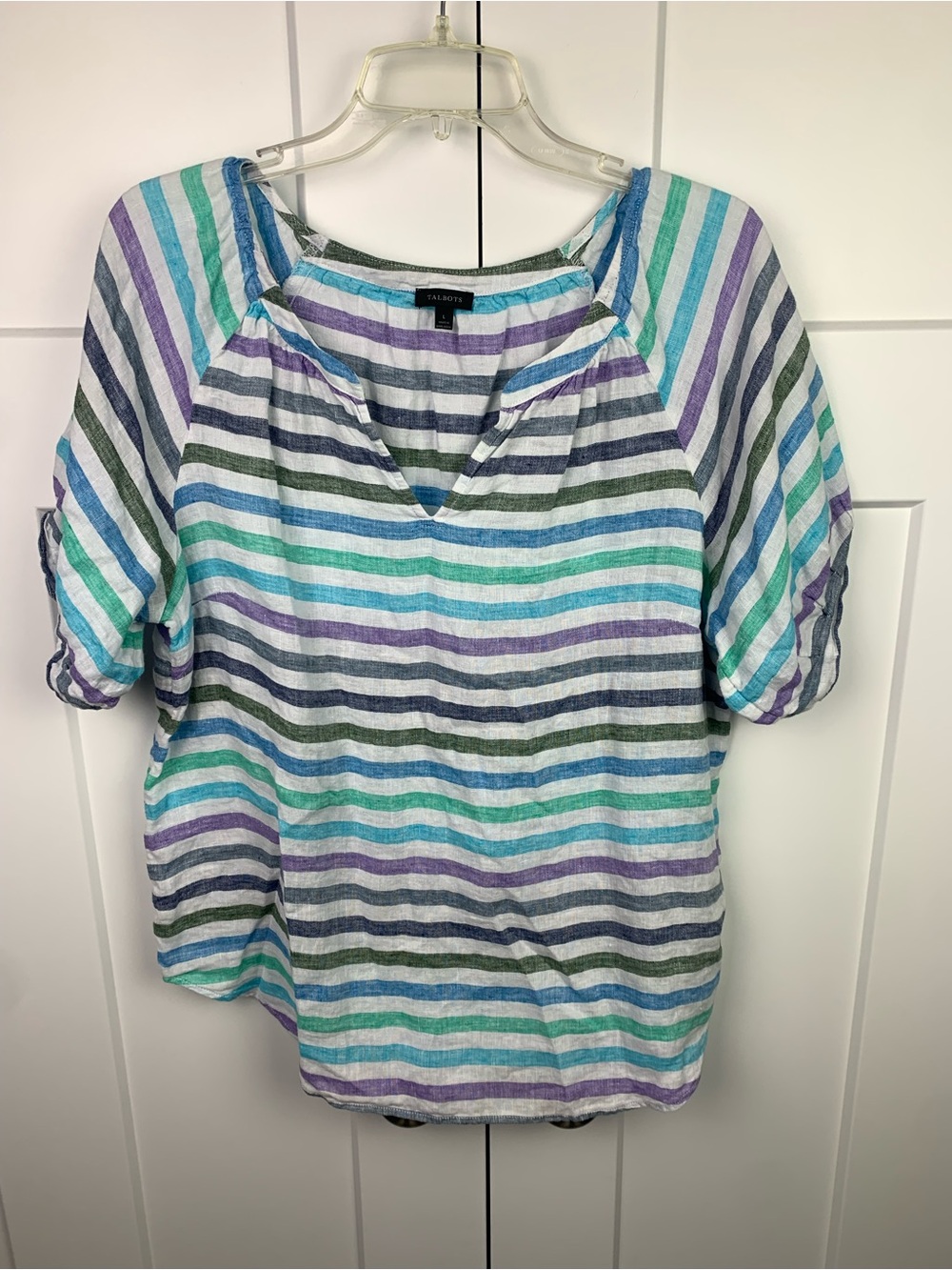Talbots LARGE 100% Linen Peasant Puff Sleeve Popover Blouse Stripe Mature